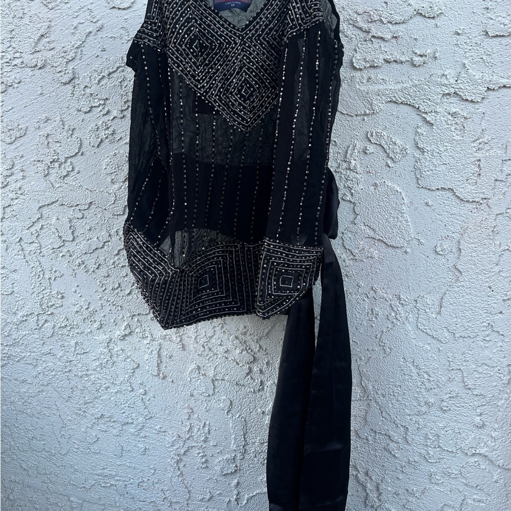 Beaded Black Sleeveless Women's Top with Sash